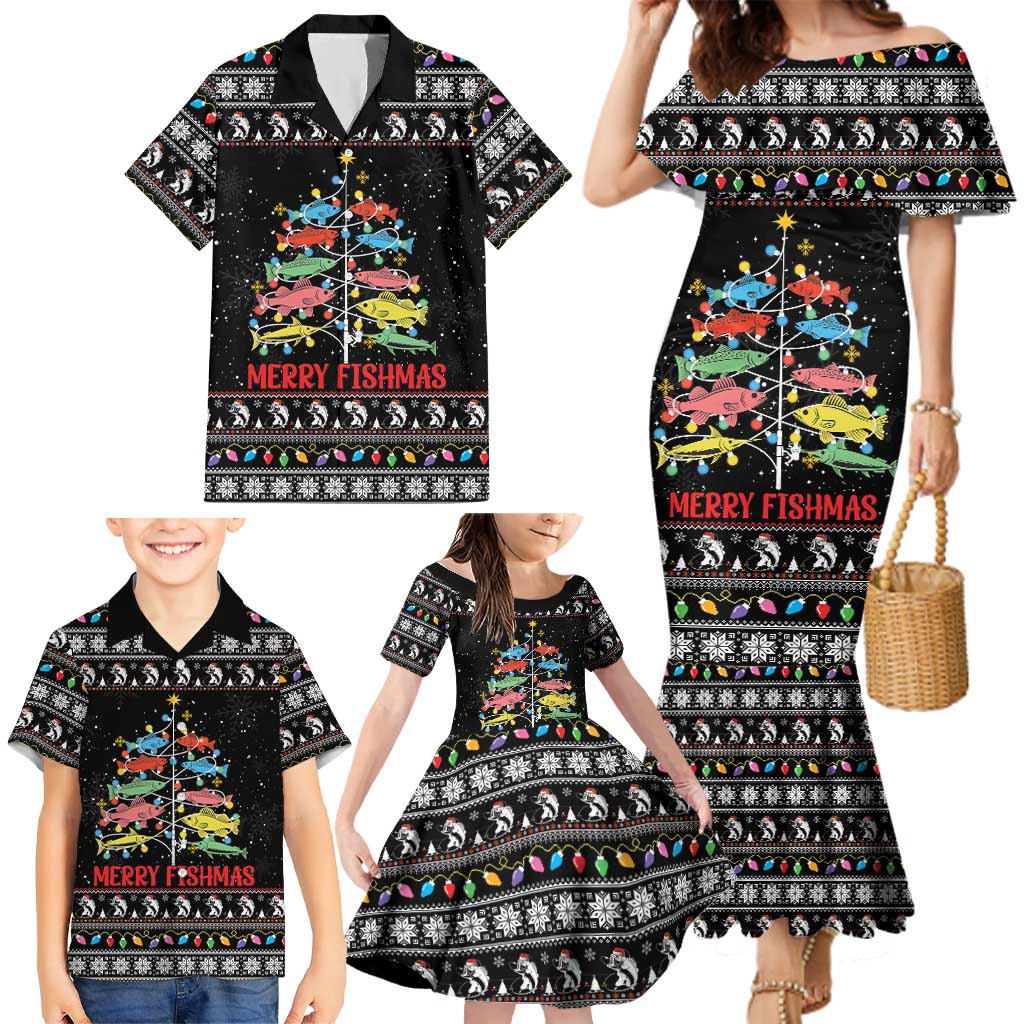 Merry Fishmas Family Matching Mermaid Dress and Hawaiian Shirt Fishing Christmas Tree Lights - Wonder Print Shop