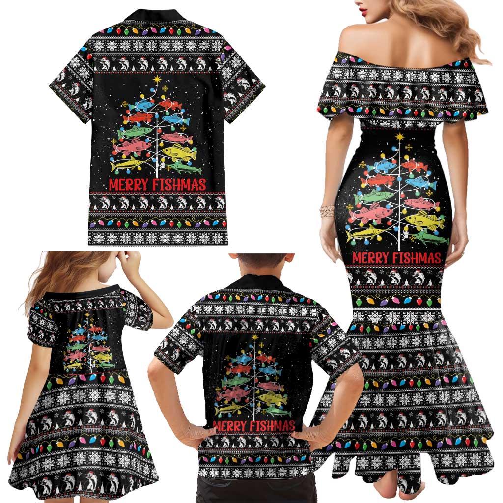 Merry Fishmas Family Matching Mermaid Dress and Hawaiian Shirt Fishing Christmas Tree Lights - Wonder Print Shop