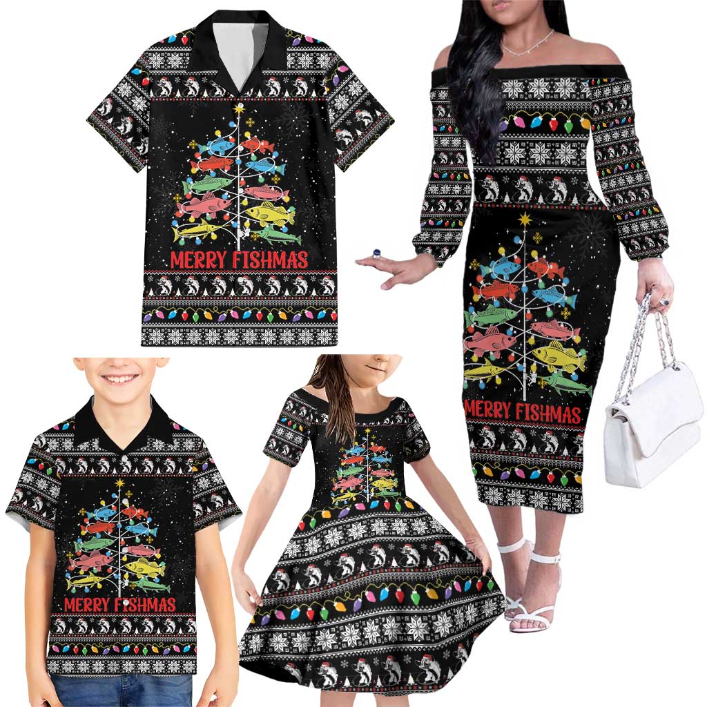 Merry Fishmas Family Matching Off The Shoulder Long Sleeve Dress and Hawaiian Shirt Fishing Christmas Tree Lights - Wonder Print Shop