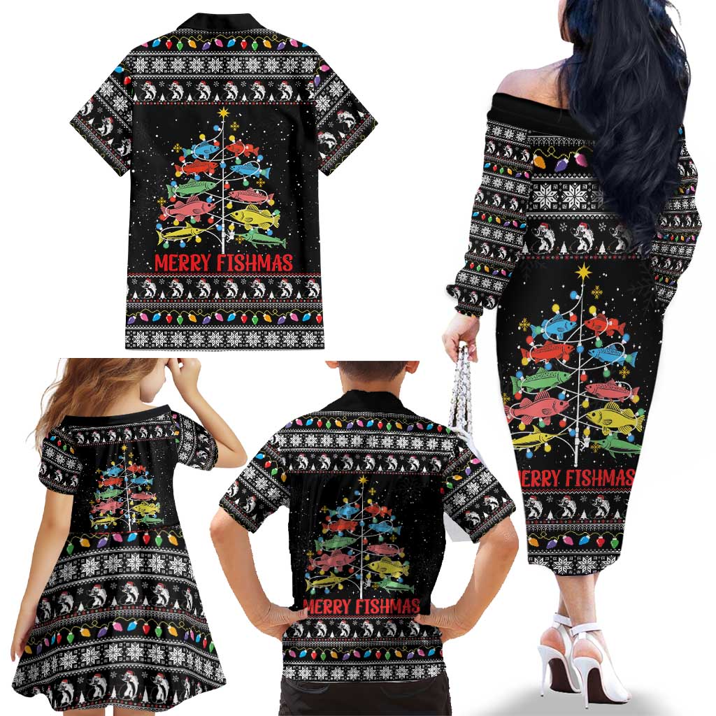 Merry Fishmas Family Matching Off The Shoulder Long Sleeve Dress and Hawaiian Shirt Fishing Christmas Tree Lights - Wonder Print Shop