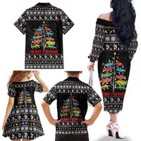 Merry Fishmas Family Matching Off The Shoulder Long Sleeve Dress and Hawaiian Shirt Fishing Christmas Tree Lights - Wonder Print Shop
