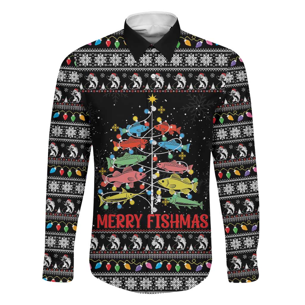 Merry Fishmas Family Matching Off The Shoulder Long Sleeve Dress and Hawaiian Shirt Fishing Christmas Tree Lights - Wonder Print Shop