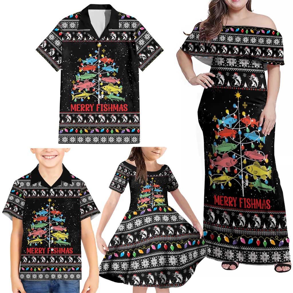 Merry Fishmas Family Matching Off Shoulder Maxi Dress and Hawaiian Shirt Fishing Christmas Tree Lights - Wonder Print Shop