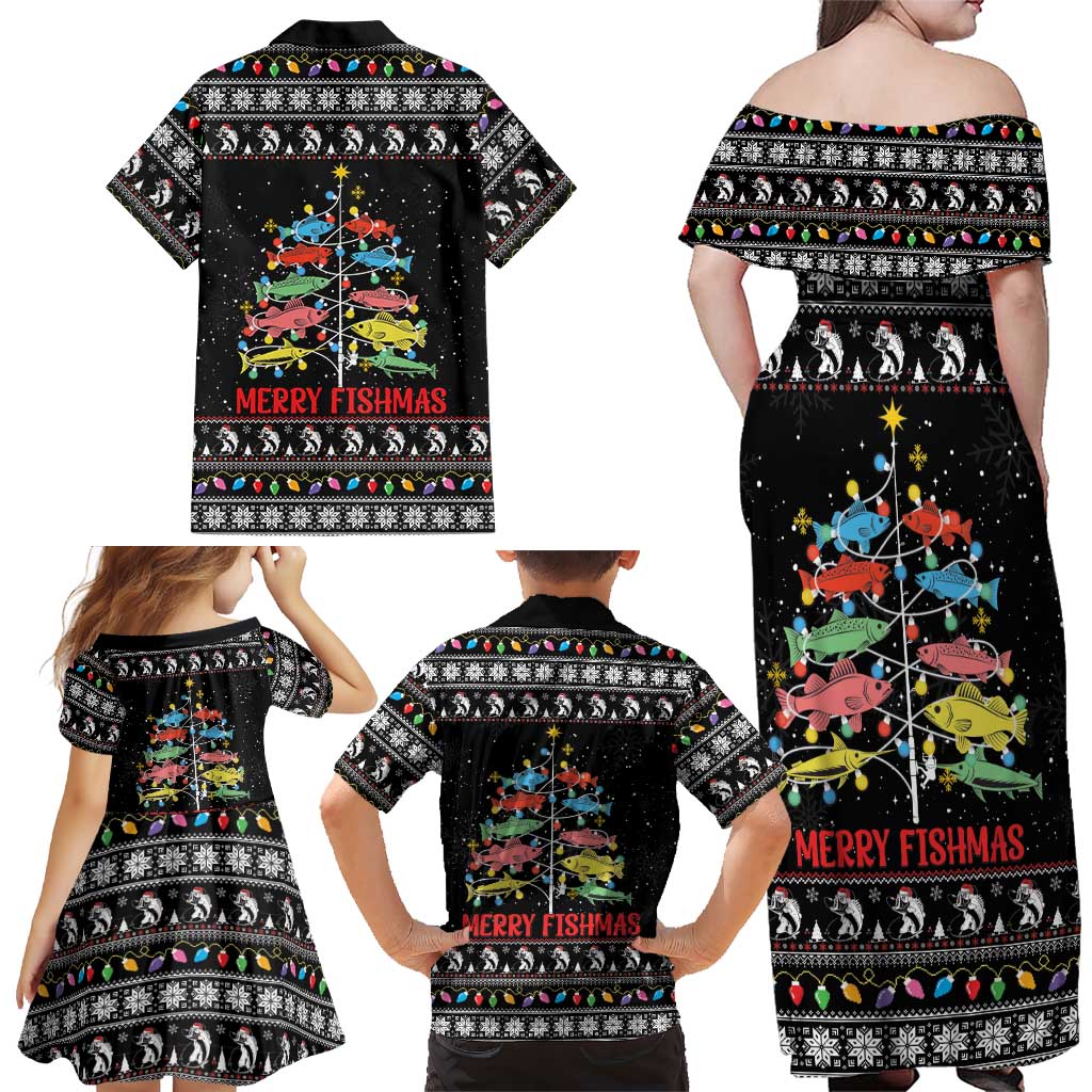 Merry Fishmas Family Matching Off Shoulder Maxi Dress and Hawaiian Shirt Fishing Christmas Tree Lights - Wonder Print Shop