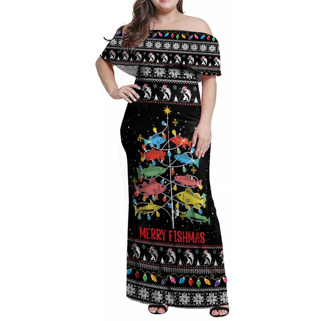 Merry Fishmas Family Matching Off Shoulder Maxi Dress and Hawaiian Shirt Fishing Christmas Tree Lights - Wonder Print Shop