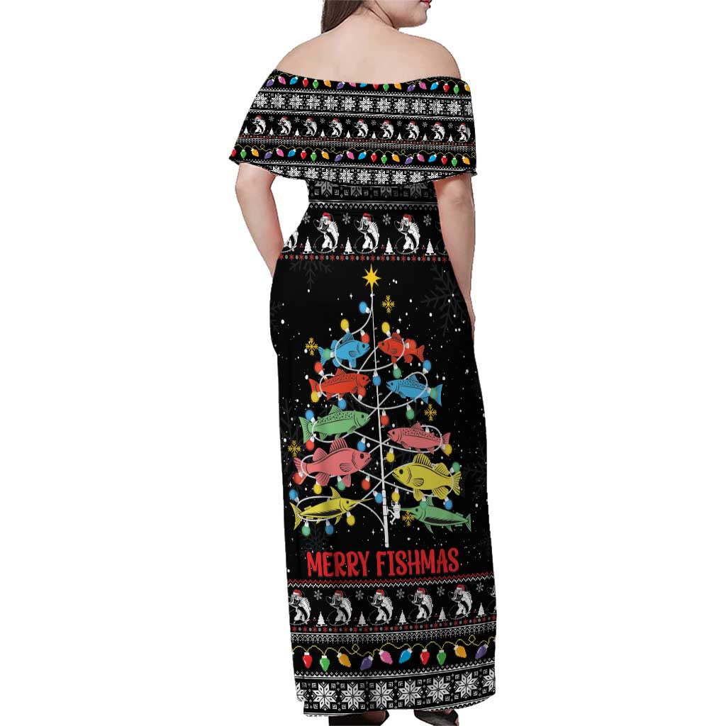 Merry Fishmas Family Matching Off Shoulder Maxi Dress and Hawaiian Shirt Fishing Christmas Tree Lights - Wonder Print Shop