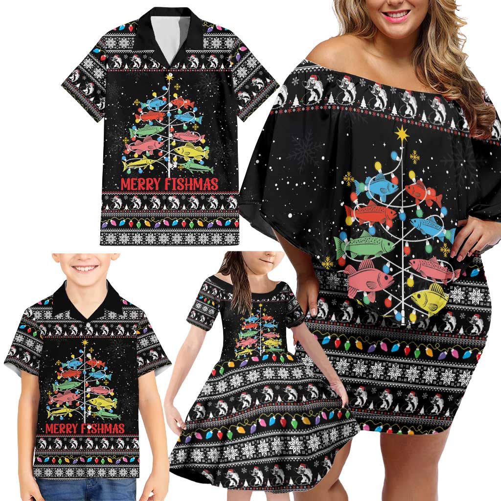Merry Fishmas Family Matching Off Shoulder Short Dress and Hawaiian Shirt Fishing Christmas Tree Lights - Wonder Print Shop