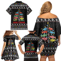 Merry Fishmas Family Matching Off Shoulder Short Dress and Hawaiian Shirt Fishing Christmas Tree Lights - Wonder Print Shop