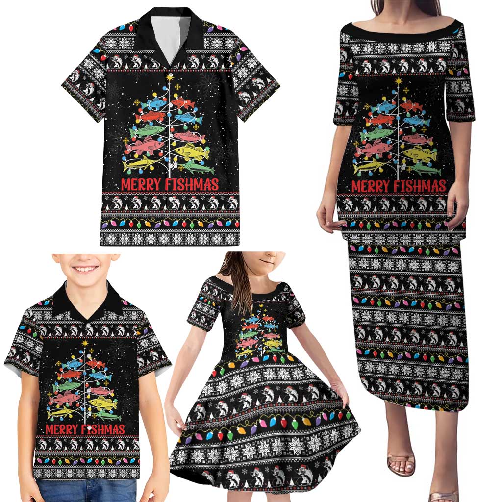 Merry Fishmas Family Matching Puletasi and Hawaiian Shirt Fishing Christmas Tree Lights - Wonder Print Shop