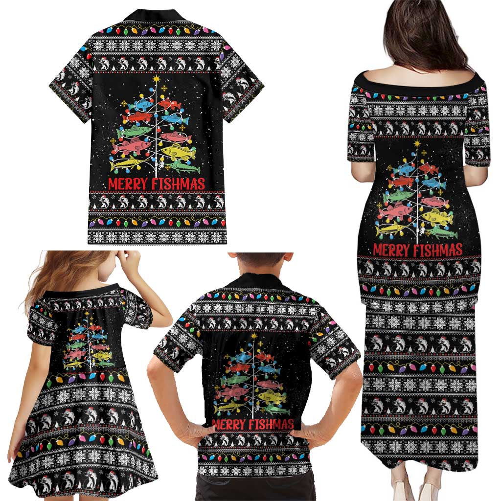 Merry Fishmas Family Matching Puletasi and Hawaiian Shirt Fishing Christmas Tree Lights - Wonder Print Shop