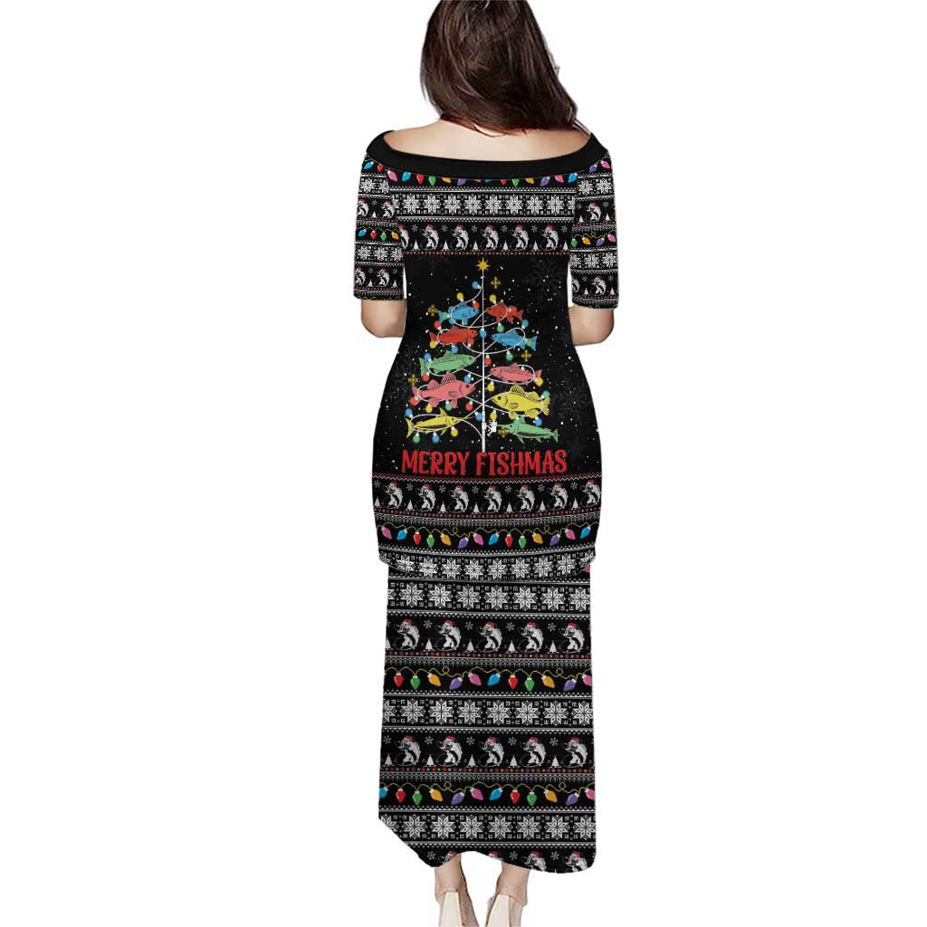 Merry Fishmas Family Matching Puletasi and Hawaiian Shirt Fishing Christmas Tree Lights - Wonder Print Shop