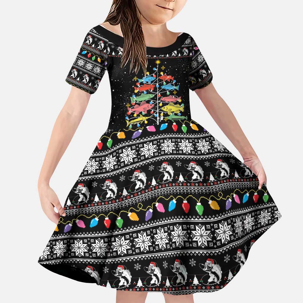 Merry Fishmas Family Matching Short Sleeve Bodycon Dress and Hawaiian Shirt Fishing Christmas Tree Lights - Wonder Print Shop