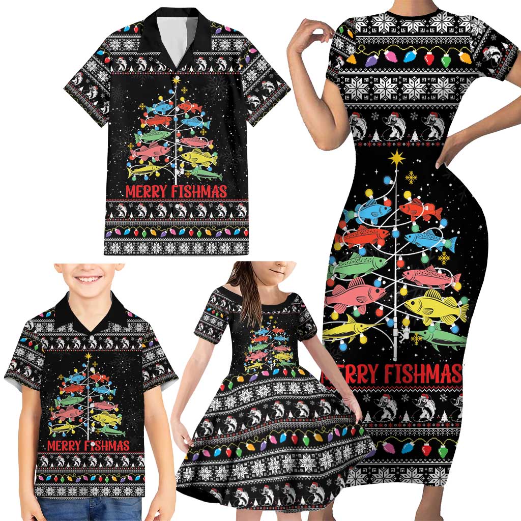 Merry Fishmas Family Matching Short Sleeve Bodycon Dress and Hawaiian Shirt Fishing Christmas Tree Lights - Wonder Print Shop
