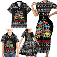 Merry Fishmas Family Matching Short Sleeve Bodycon Dress and Hawaiian Shirt Fishing Christmas Tree Lights - Wonder Print Shop
