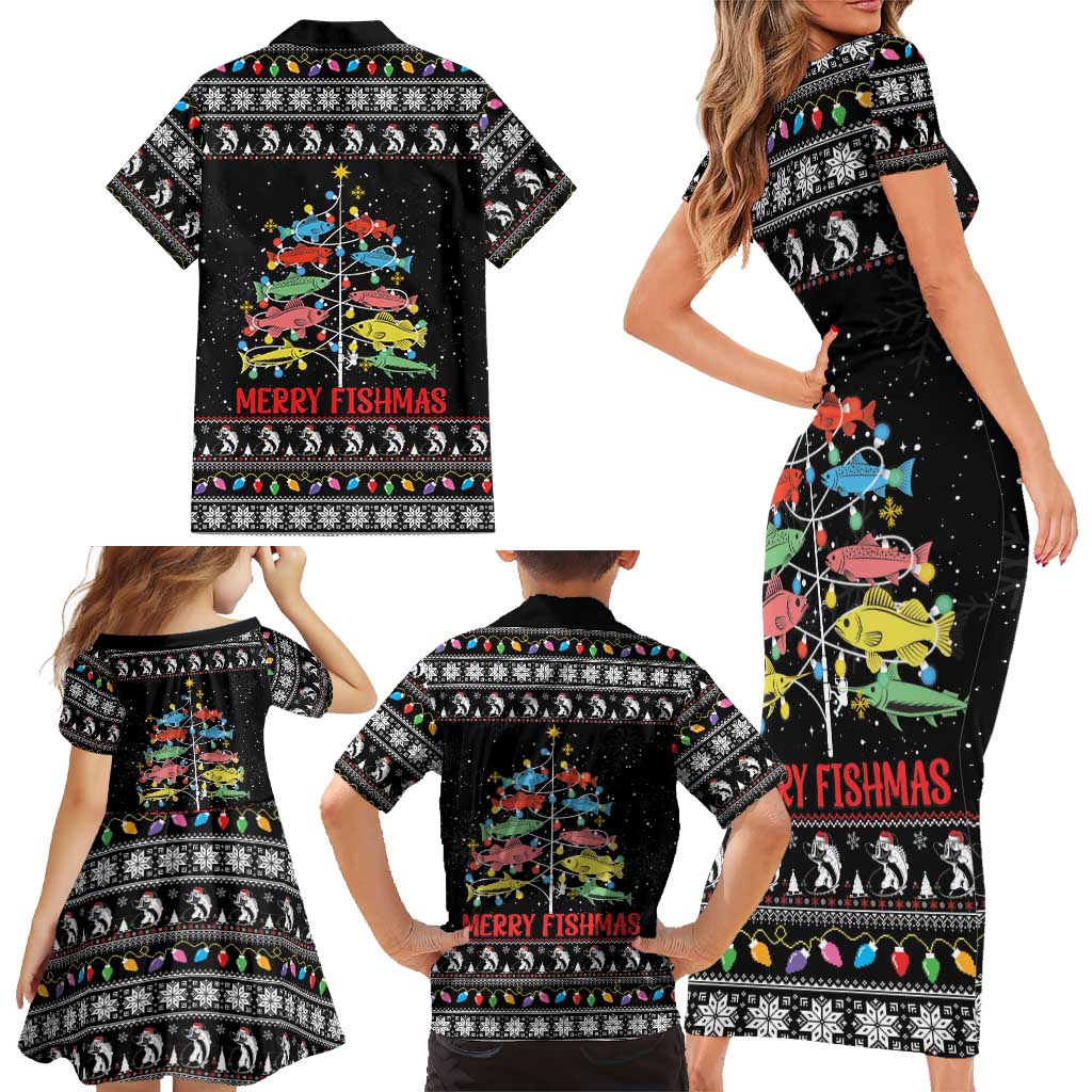 Merry Fishmas Family Matching Short Sleeve Bodycon Dress and Hawaiian Shirt Fishing Christmas Tree Lights - Wonder Print Shop