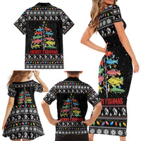 Merry Fishmas Family Matching Short Sleeve Bodycon Dress and Hawaiian Shirt Fishing Christmas Tree Lights - Wonder Print Shop