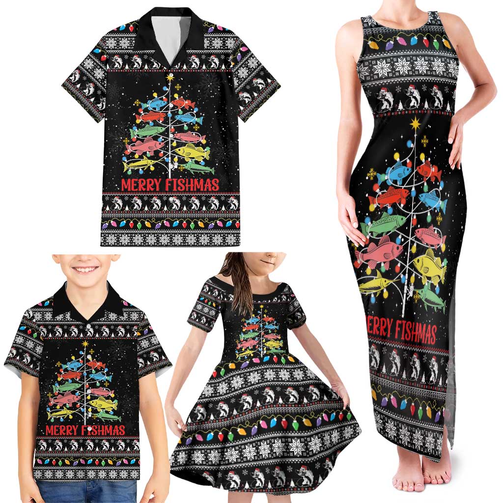 Merry Fishmas Family Matching Tank Maxi Dress and Hawaiian Shirt Fishing Christmas Tree Lights - Wonder Print Shop