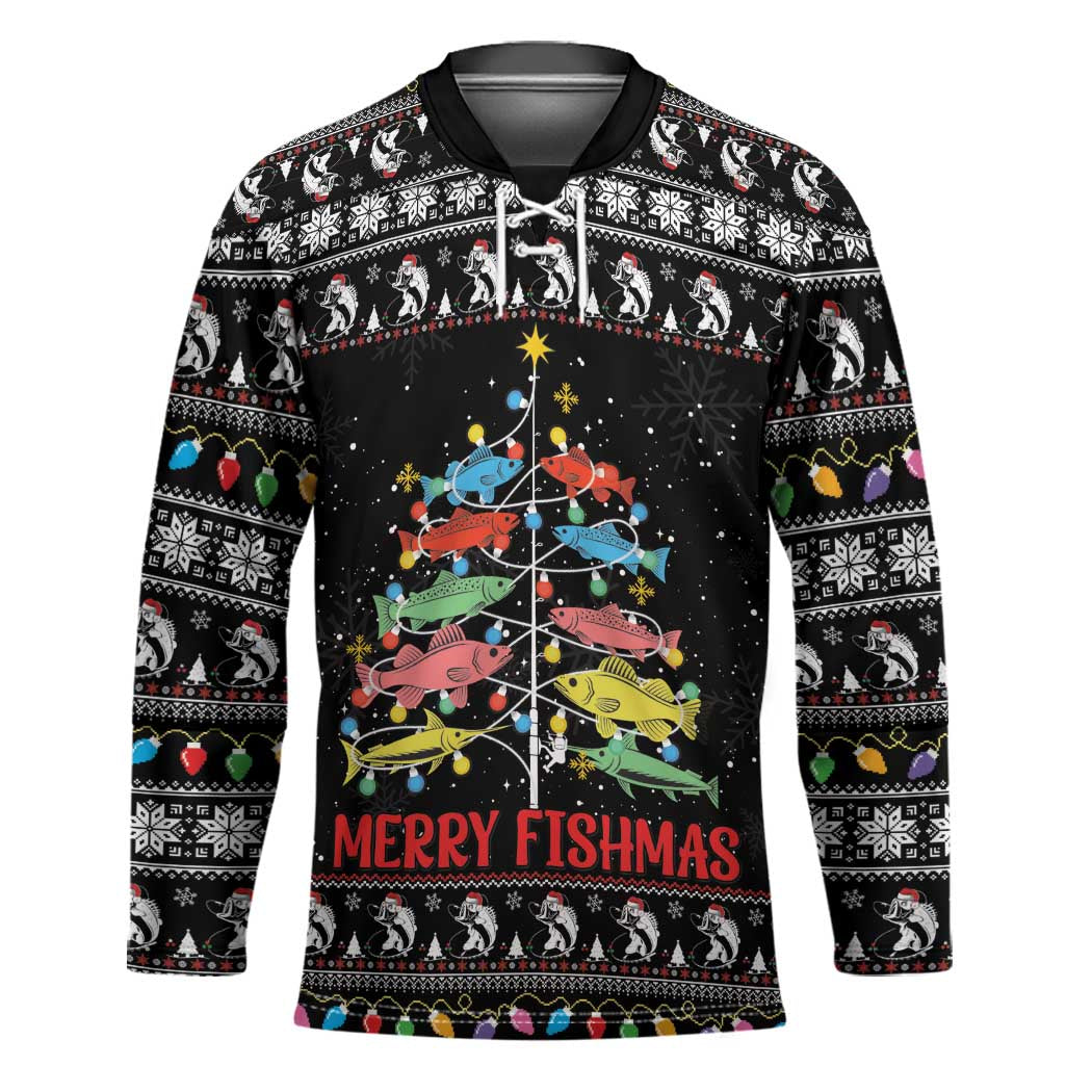 Merry Fishmas Hockey Jersey Fishing Christmas Tree Lights - Wonder Print Shop