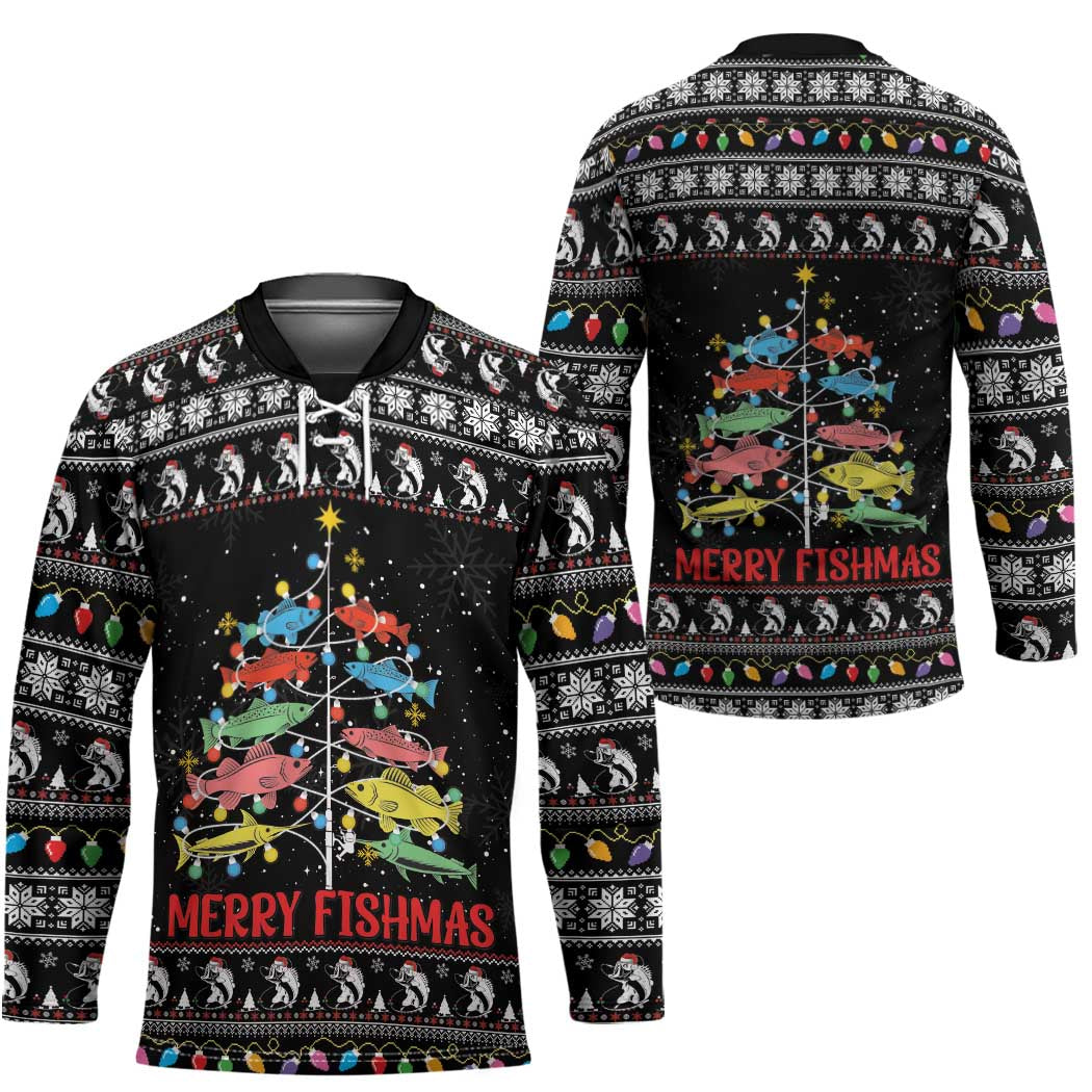 Merry Fishmas Hockey Jersey Fishing Christmas Tree Lights - Wonder Print Shop