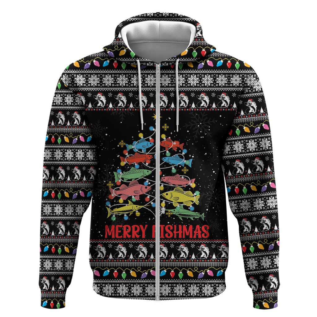 Merry Fishmas Hoodie Fishing Christmas Tree Lights - Wonder Print Shop