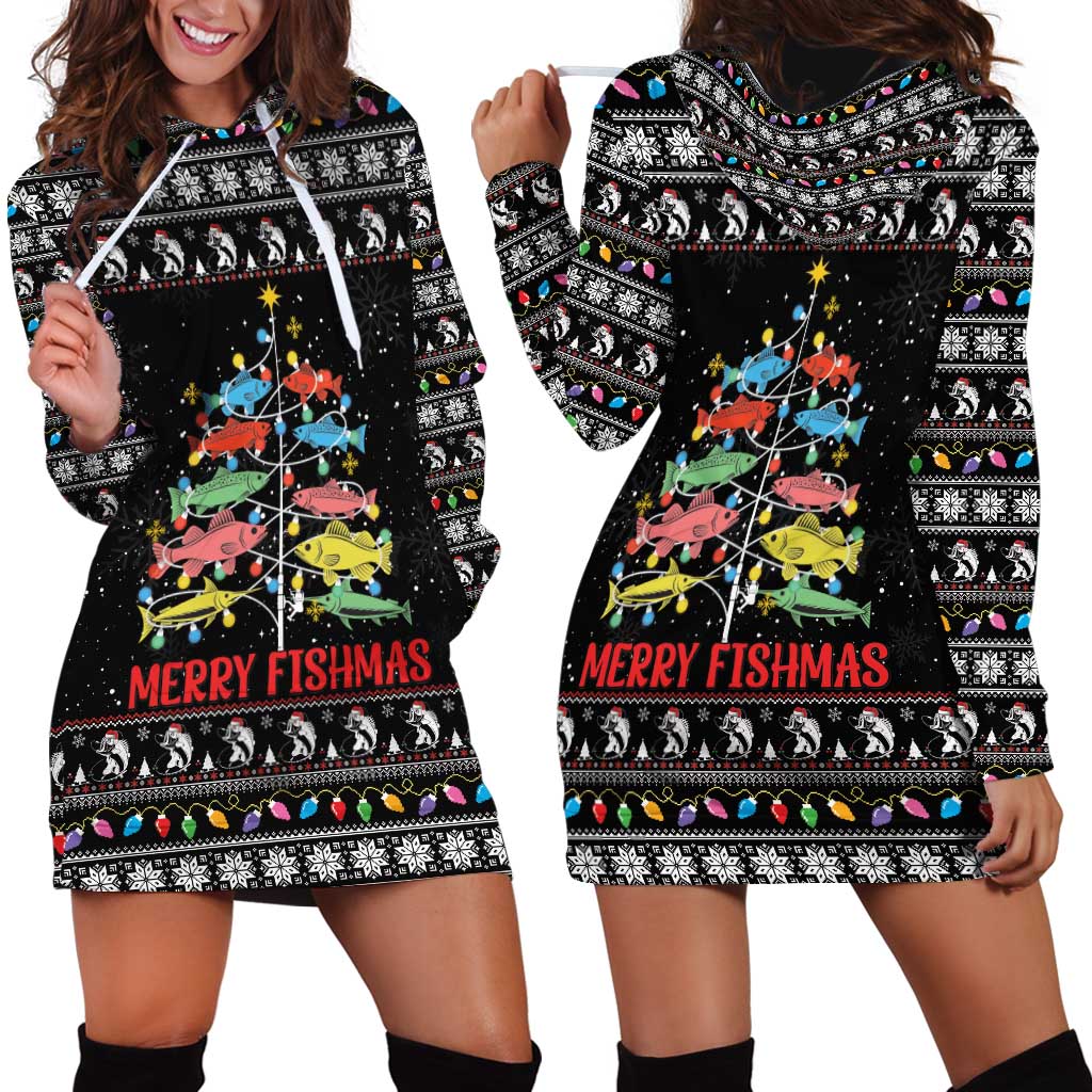 Merry Fishmas Hoodie Dress Fishing Christmas Tree Lights - Wonder Print Shop