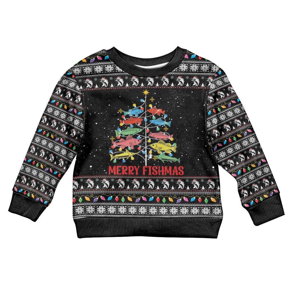 Merry Fishmas Kid Ugly Christmas Sweater Fishing Christmas Tree Lights - Wonder Print Shop