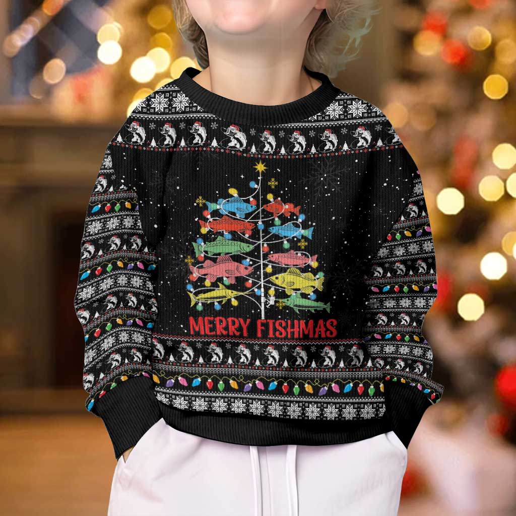 Merry Fishmas Kid Ugly Christmas Sweater Fishing Christmas Tree Lights - Wonder Print Shop