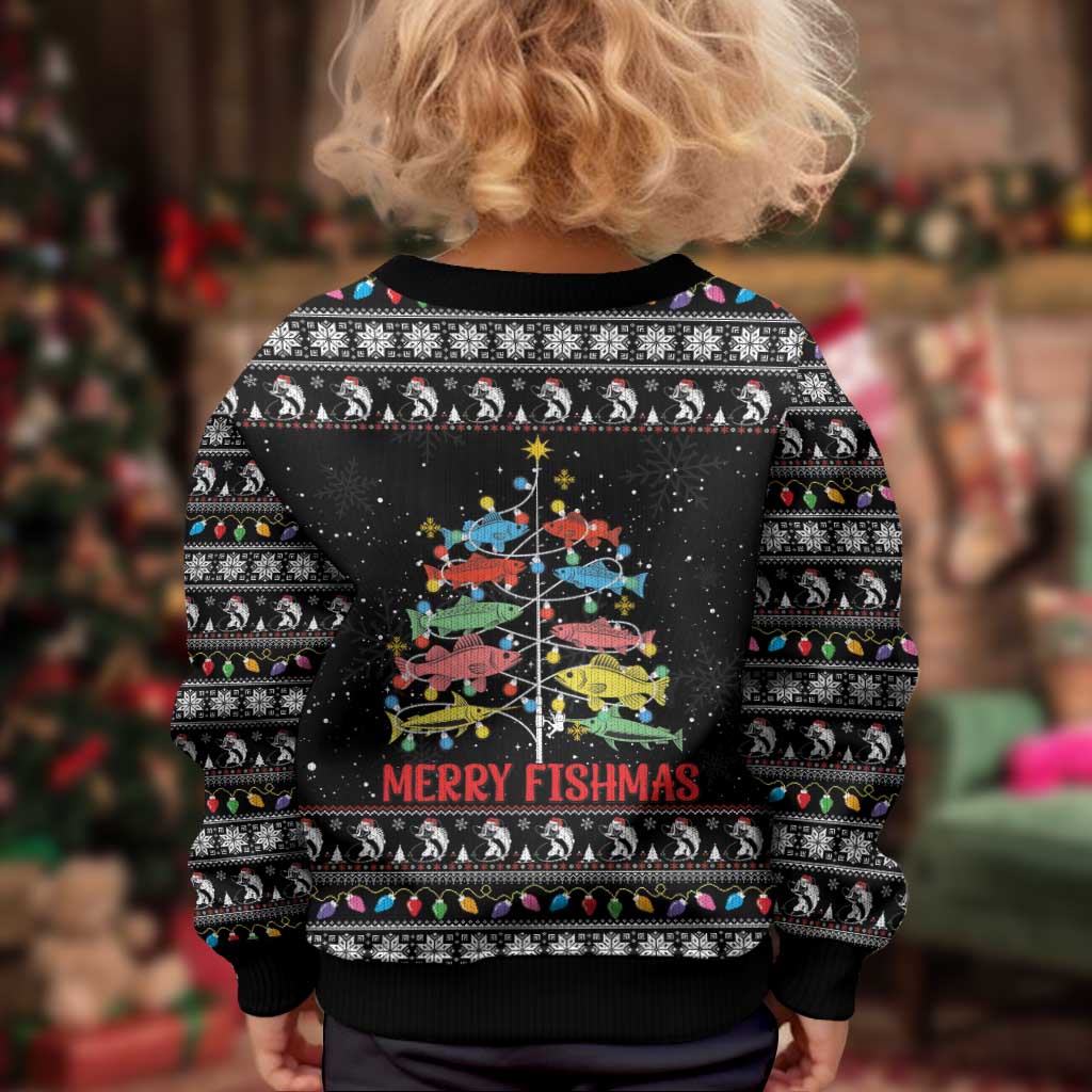 Merry Fishmas Kid Ugly Christmas Sweater Fishing Christmas Tree Lights - Wonder Print Shop