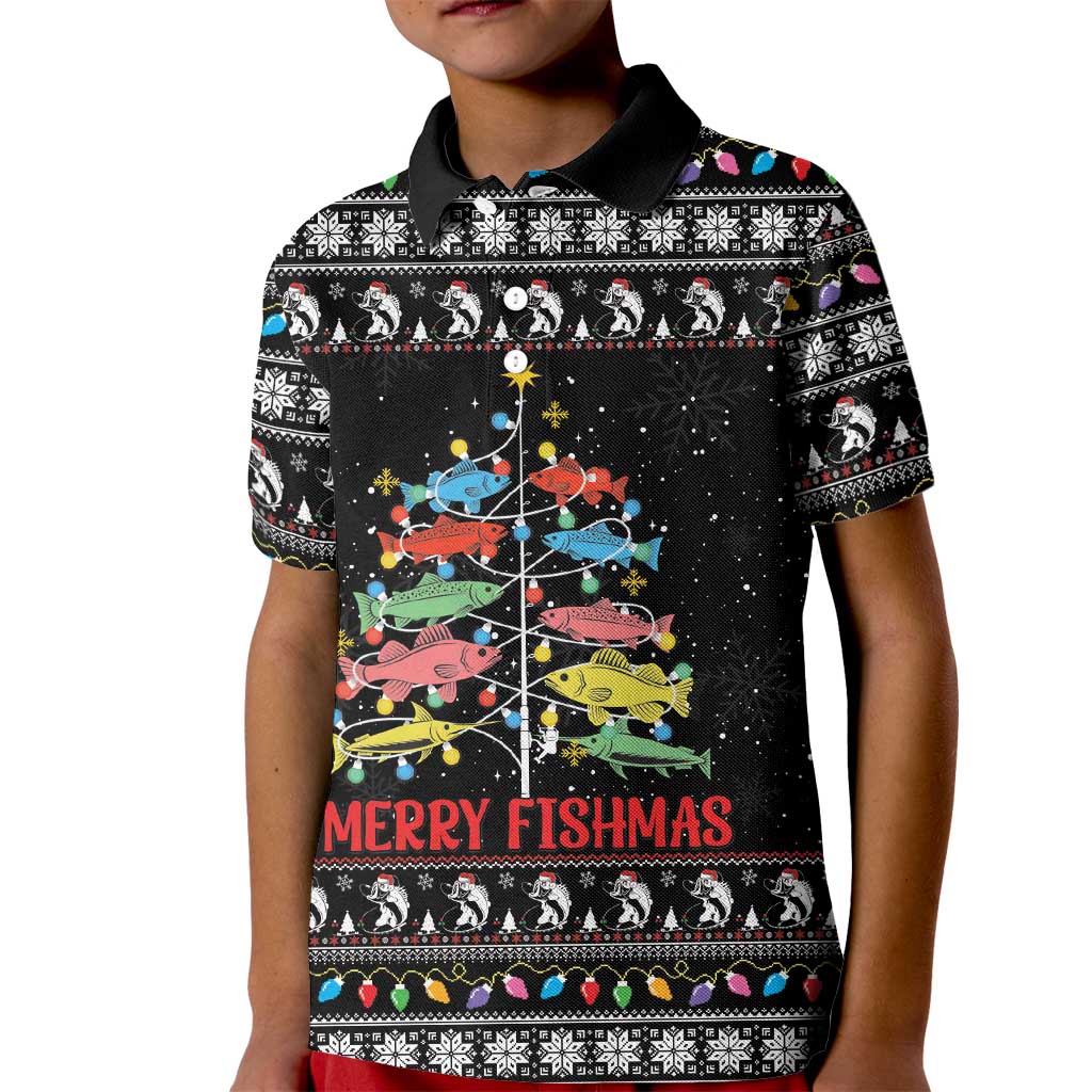 Merry Fishmas Kid Polo Shirt Fishing Christmas Tree Lights - Wonder Print Shop