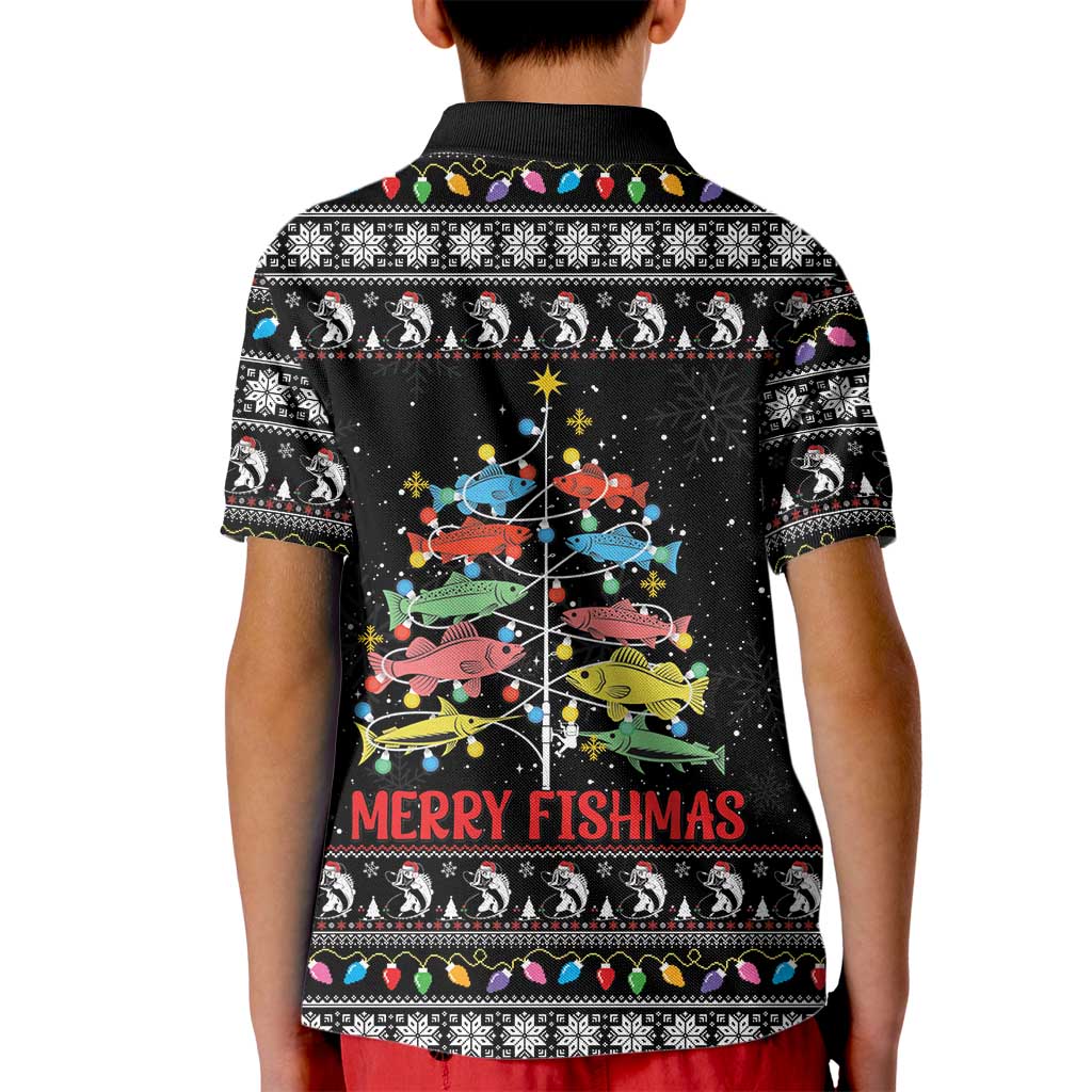 Merry Fishmas Kid Polo Shirt Fishing Christmas Tree Lights - Wonder Print Shop