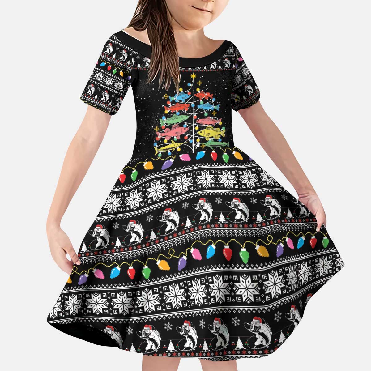 Merry Fishmas Kid Short Sleeve Dress Fishing Christmas Tree Lights - Wonder Print Shop