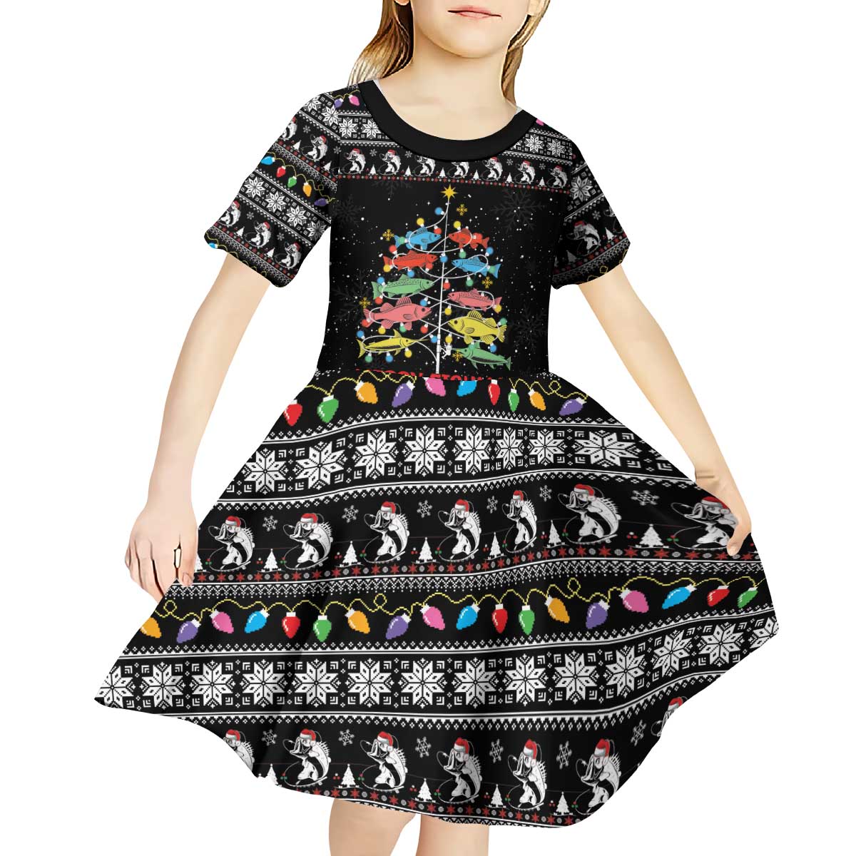 Merry Fishmas Kid Short Sleeve Dress Fishing Christmas Tree Lights - Wonder Print Shop