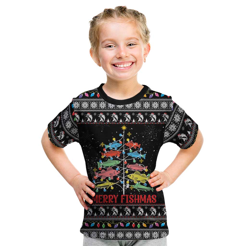 Merry Fishmas Kid T Shirt Fishing Christmas Tree Lights - Wonder Print Shop