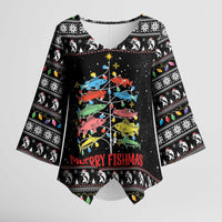 Merry Fishmas Kimono Sleeve Blouse Fishing Christmas Tree Lights - Wonder Print Shop
