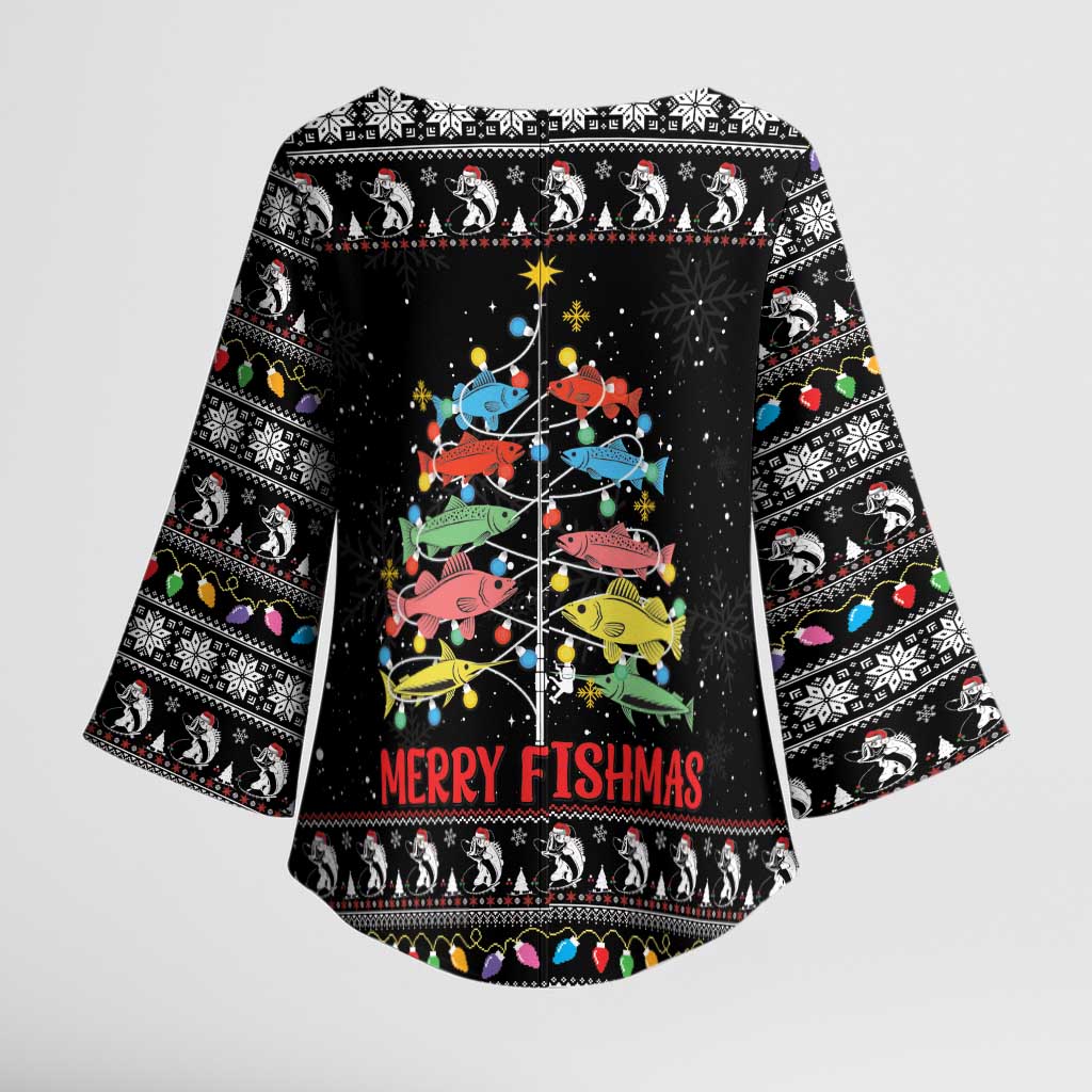 Merry Fishmas Kimono Sleeve Blouse Fishing Christmas Tree Lights - Wonder Print Shop