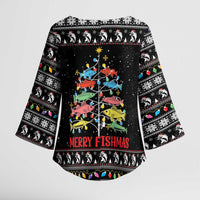 Merry Fishmas Kimono Sleeve Blouse Fishing Christmas Tree Lights - Wonder Print Shop