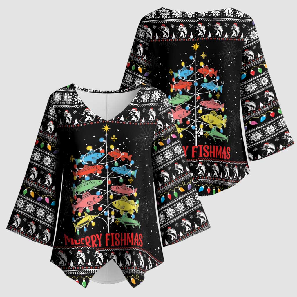 Merry Fishmas Kimono Sleeve Blouse Fishing Christmas Tree Lights - Wonder Print Shop