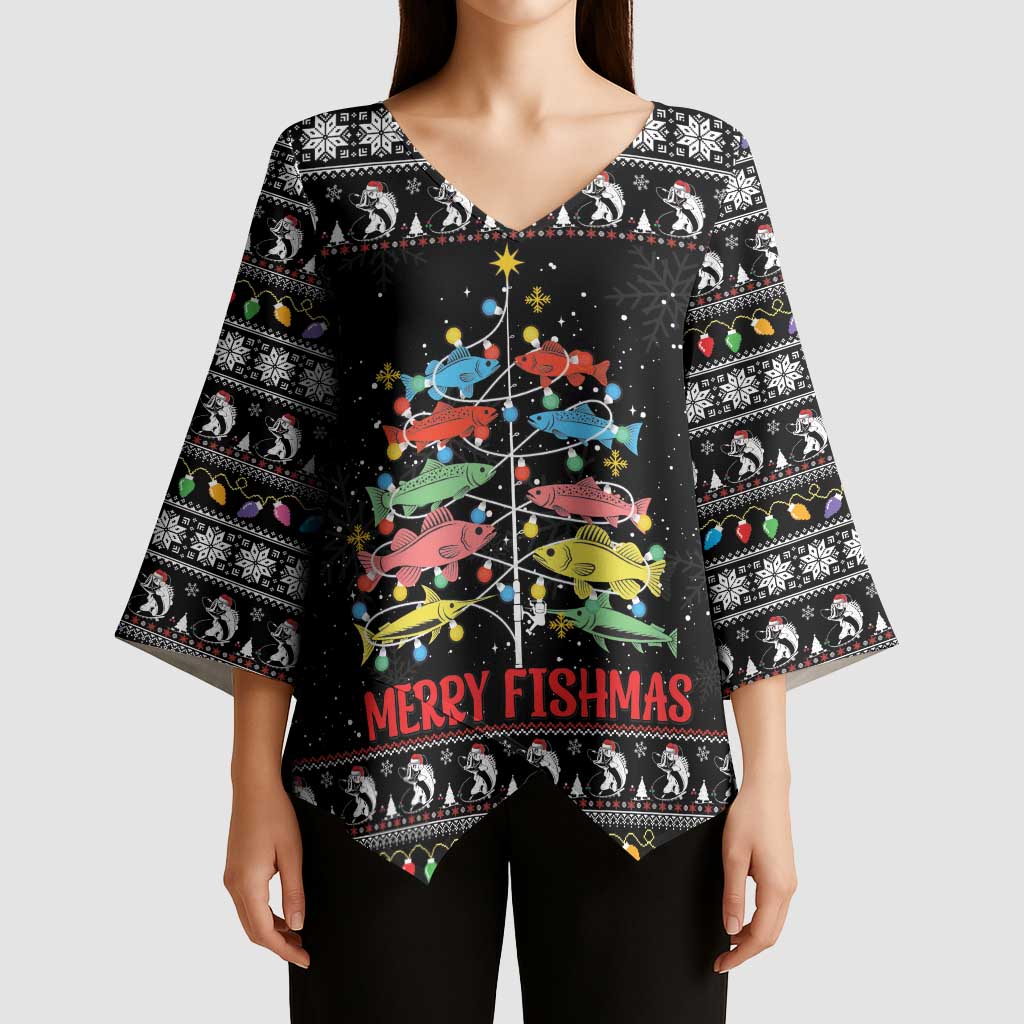Merry Fishmas Kimono Sleeve Blouse Fishing Christmas Tree Lights - Wonder Print Shop