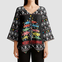 Merry Fishmas Kimono Sleeve Blouse Fishing Christmas Tree Lights - Wonder Print Shop