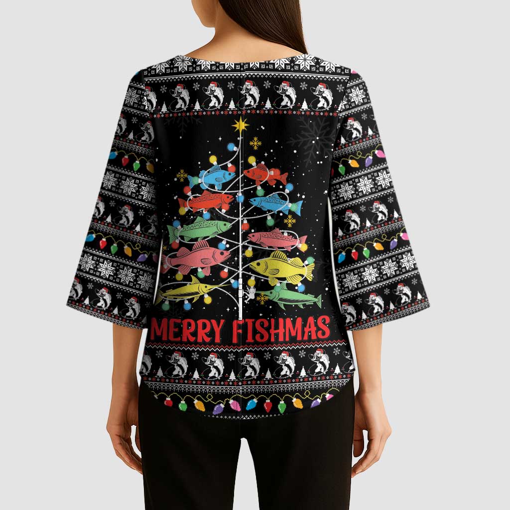 Merry Fishmas Kimono Sleeve Blouse Fishing Christmas Tree Lights - Wonder Print Shop