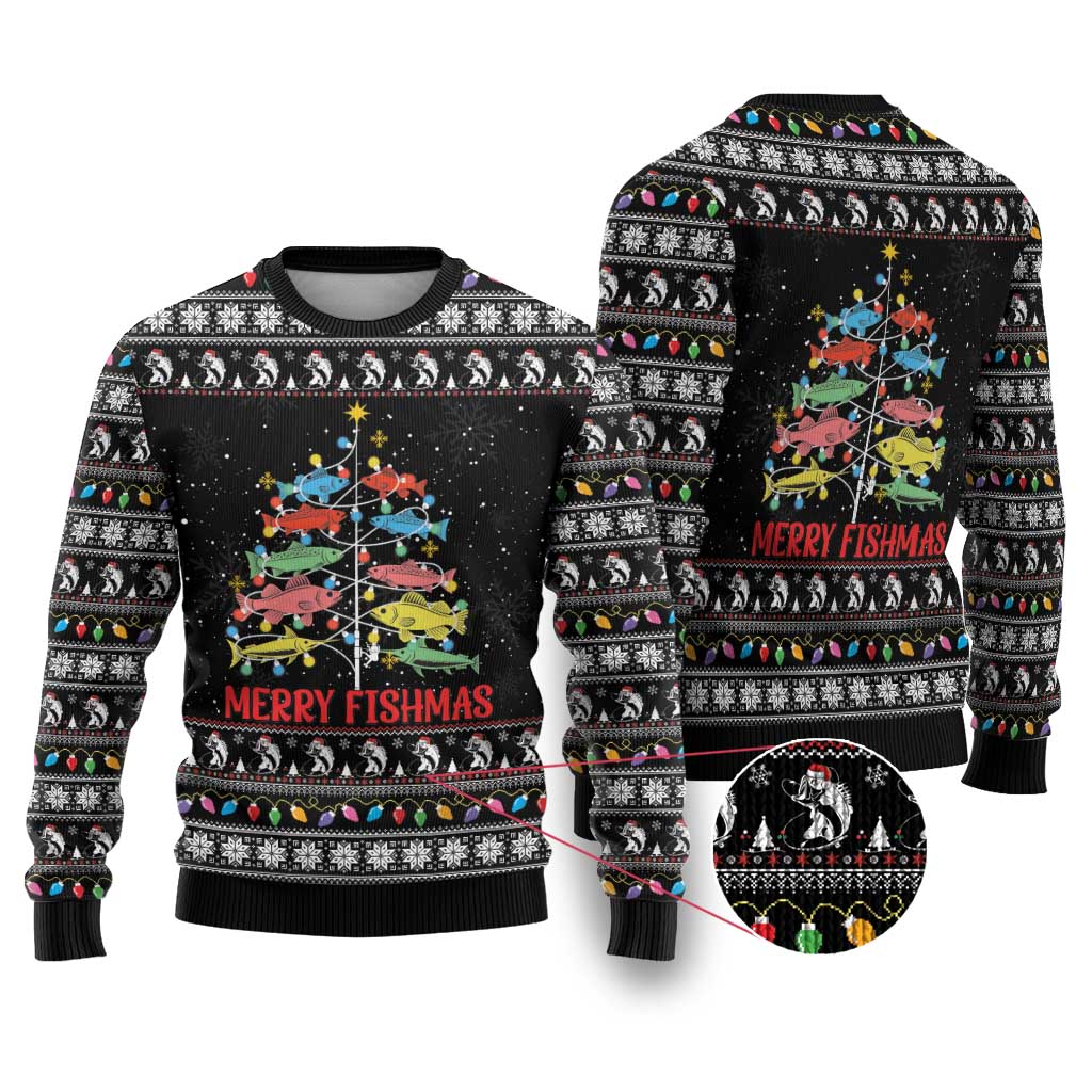 Merry Fishmas Ugly Christmas Sweater Fishing Christmas Tree Lights - Wonder Print Shop