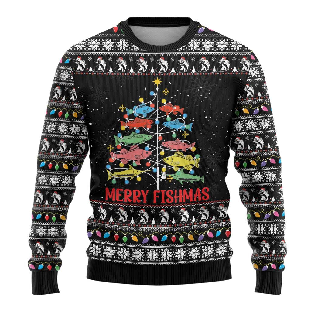 Merry Fishmas Ugly Christmas Sweater Fishing Christmas Tree Lights - Wonder Print Shop