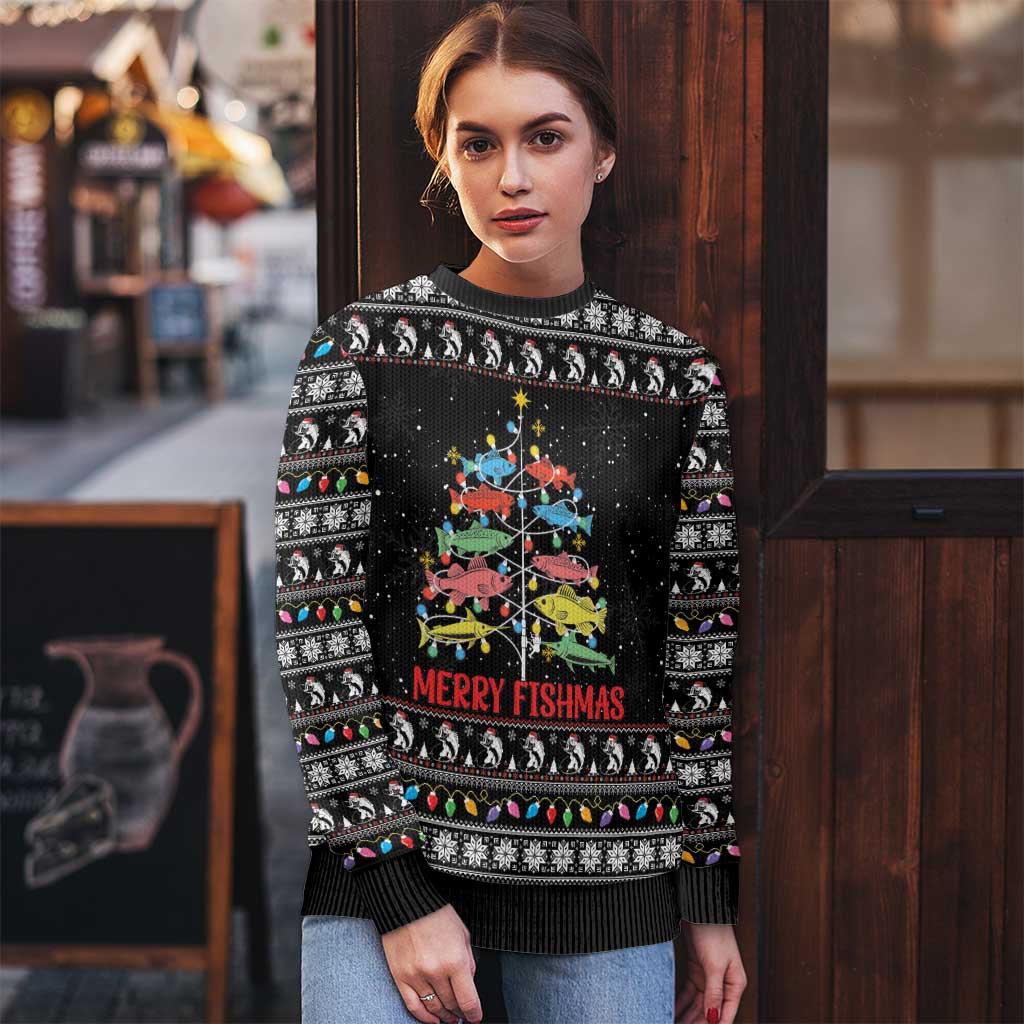 Merry Fishmas Ugly Christmas Sweater Fishing Christmas Tree Lights - Wonder Print Shop