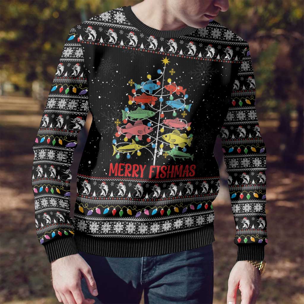 Merry Fishmas Ugly Christmas Sweater Fishing Christmas Tree Lights - Wonder Print Shop