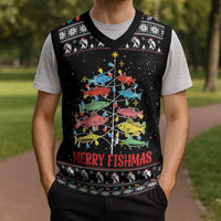 Merry Fishmas Christmas Knitted V-Neck Vest Fishing Christmas Tree Lights - Wonder Print Shop