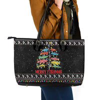 Merry Fishmas Leather Tote Bag Fishing Christmas Tree Lights - Wonder Print Shop