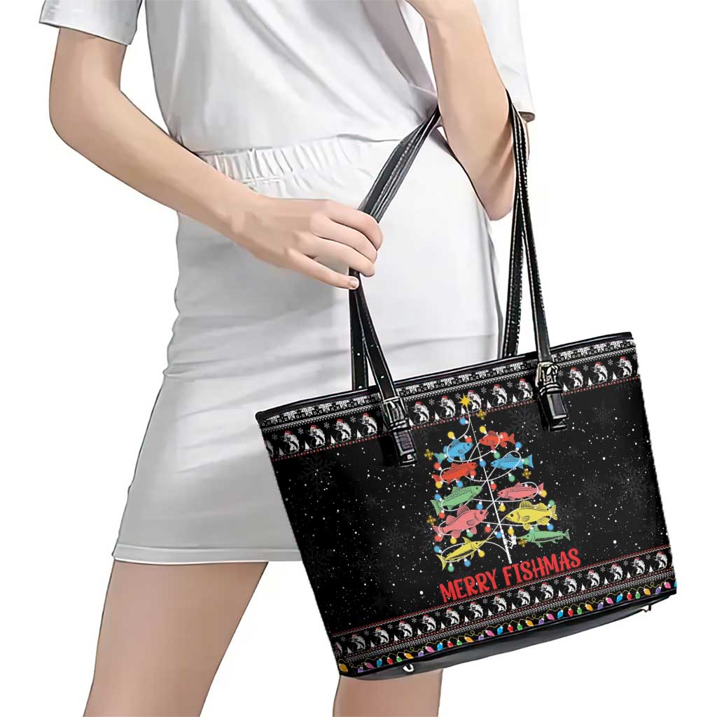 Merry Fishmas Leather Tote Bag Fishing Christmas Tree Lights - Wonder Print Shop