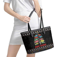 Merry Fishmas Leather Tote Bag Fishing Christmas Tree Lights - Wonder Print Shop