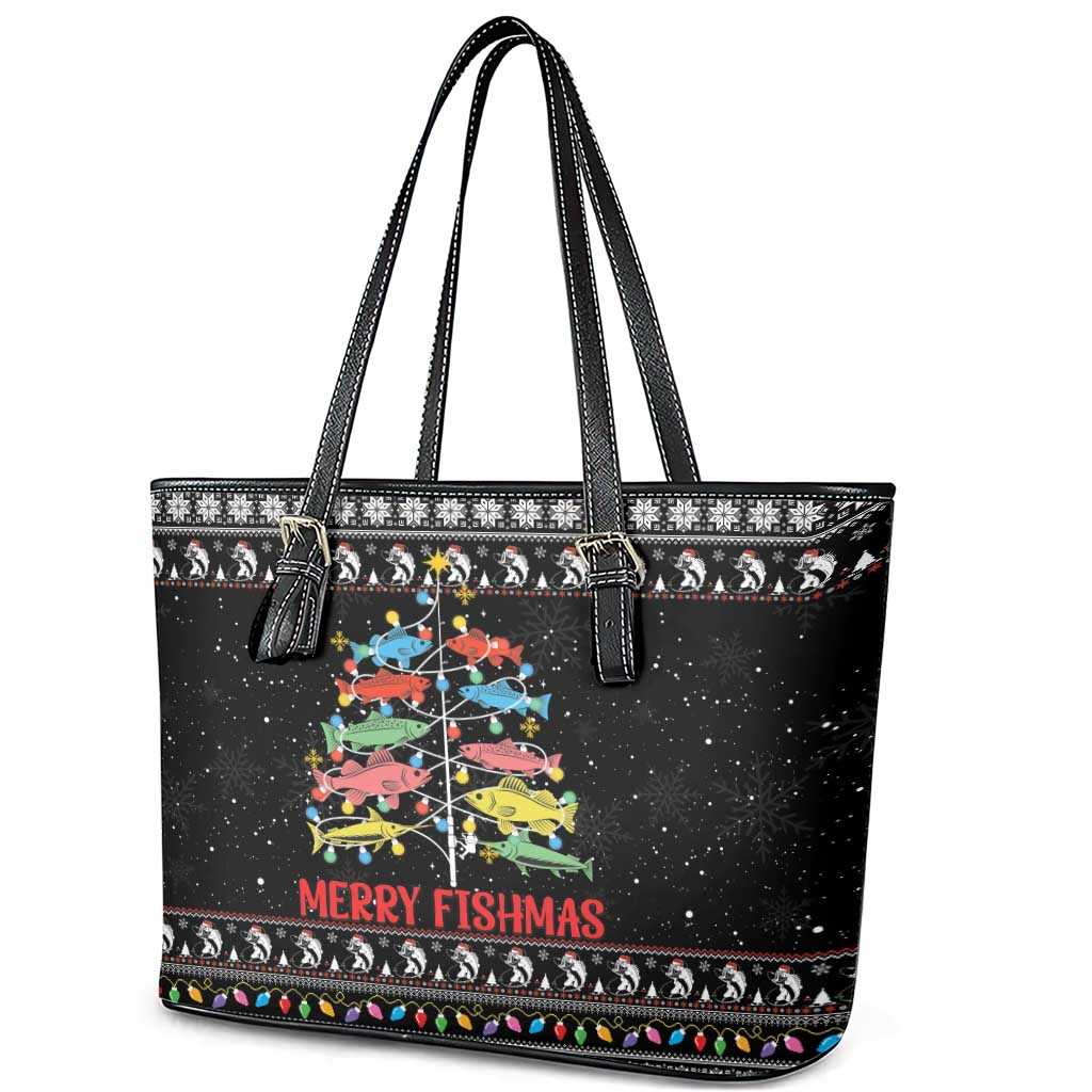 Merry Fishmas Leather Tote Bag Fishing Christmas Tree Lights - Wonder Print Shop