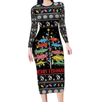 Merry Fishmas Long Sleeve Bodycon Dress Fishing Christmas Tree Lights - Wonder Print Shop